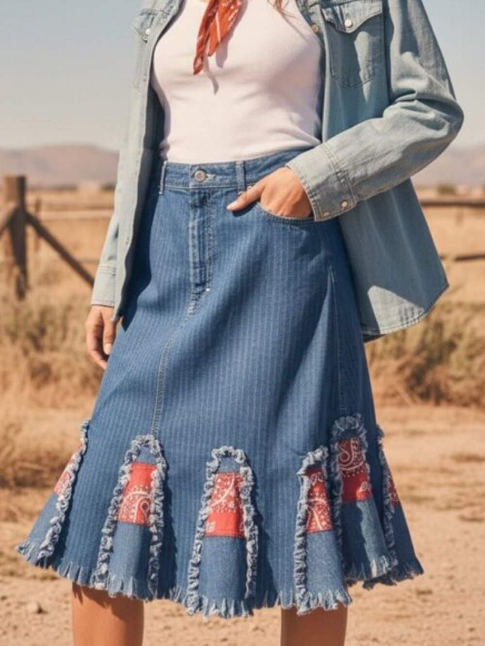 VINTAGE Upcycled Lee Denim Skirt S Red Bandana Pintucked Handmade Wearable Art